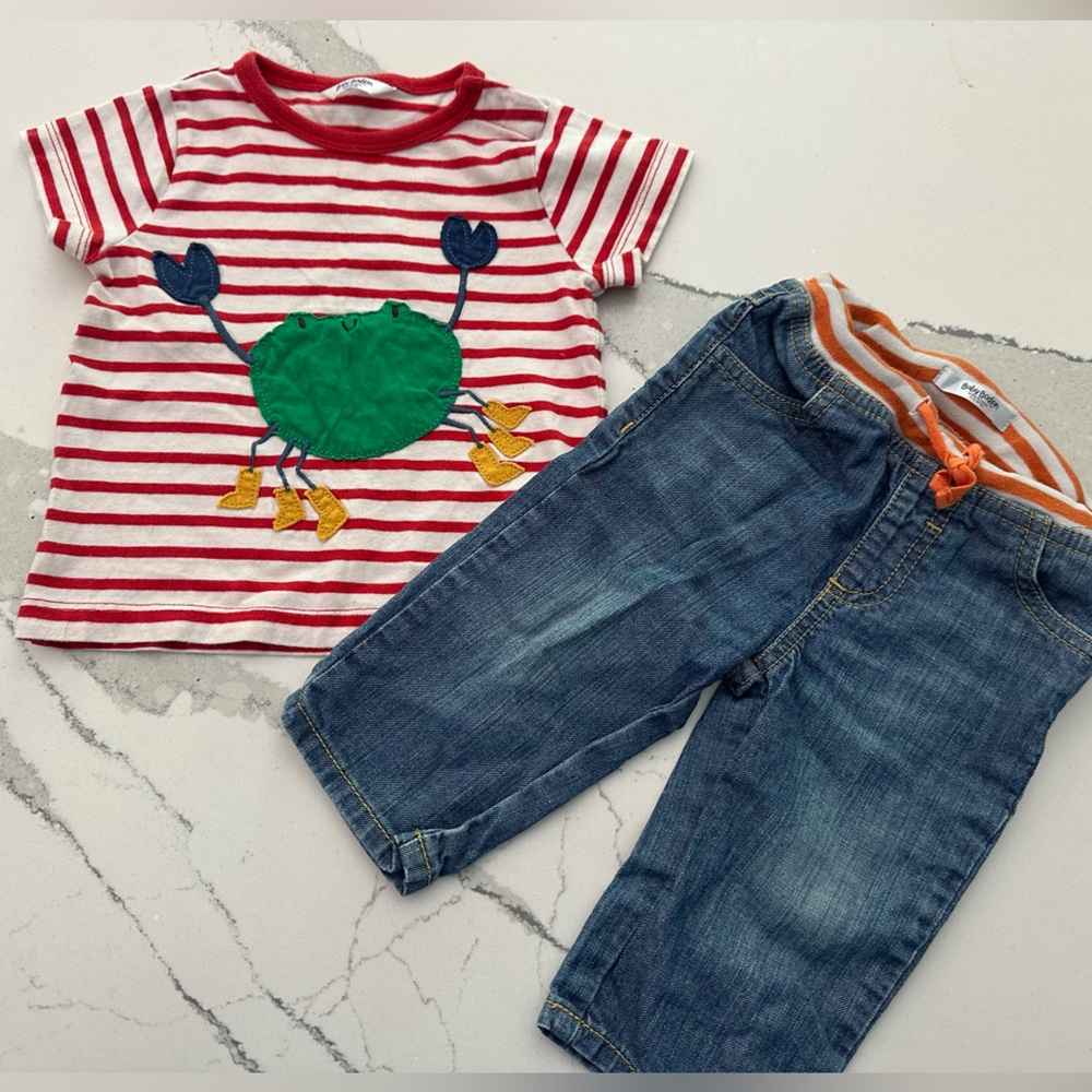 Baby Boden Red Stripe Shirt with Embroidered Crab and Denim Pants (Size 6-12 mo)